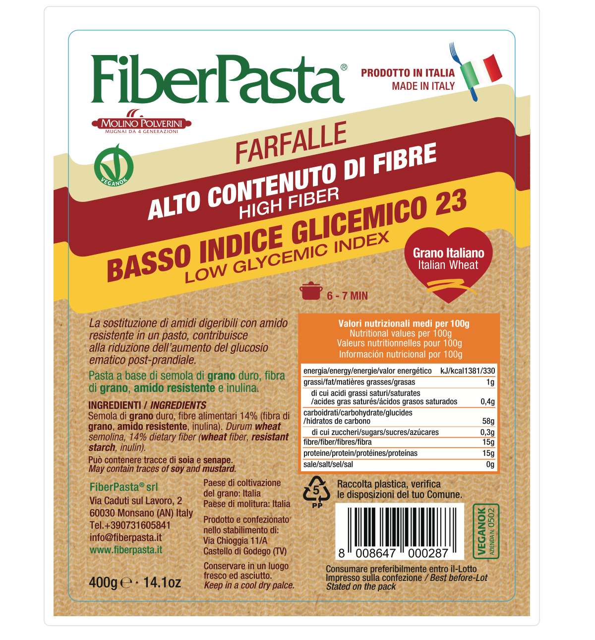 PASTE PENTRU DIABETICI - FARFALLE - indice glicemic mic 23 - FIBER PASTA 400 gr- produs Italia