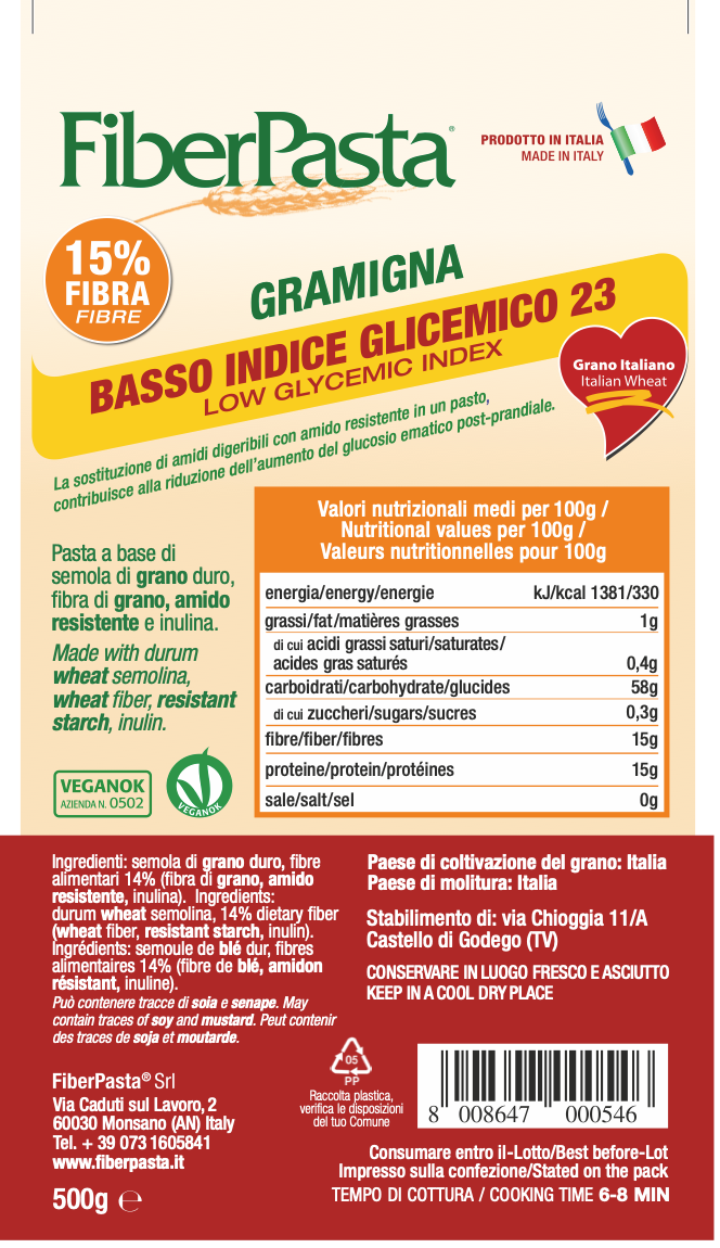 PASTE PENTRU DIABETICI - GRAMIGNA - indice glicemic mic 23 - FIBER PASTA 500 gr- produs Italia