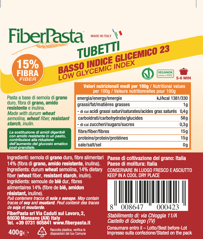 PASTE PENTRU DIABETICI - TUBETTI - indice glicemic mic 23 - FIBER PASTA 400 gr- produs Italia