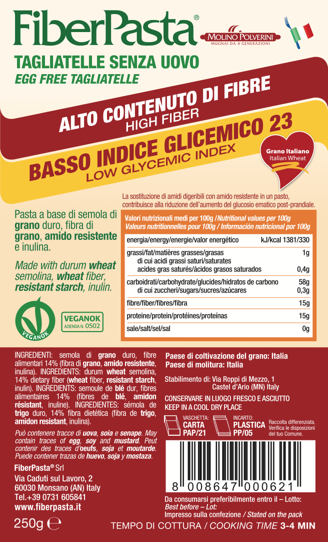 PASTE DIABETICI -  TAGLIATELLE - indice glicemic mic 23 - FIBER PASTA 250 gr- produs Italia