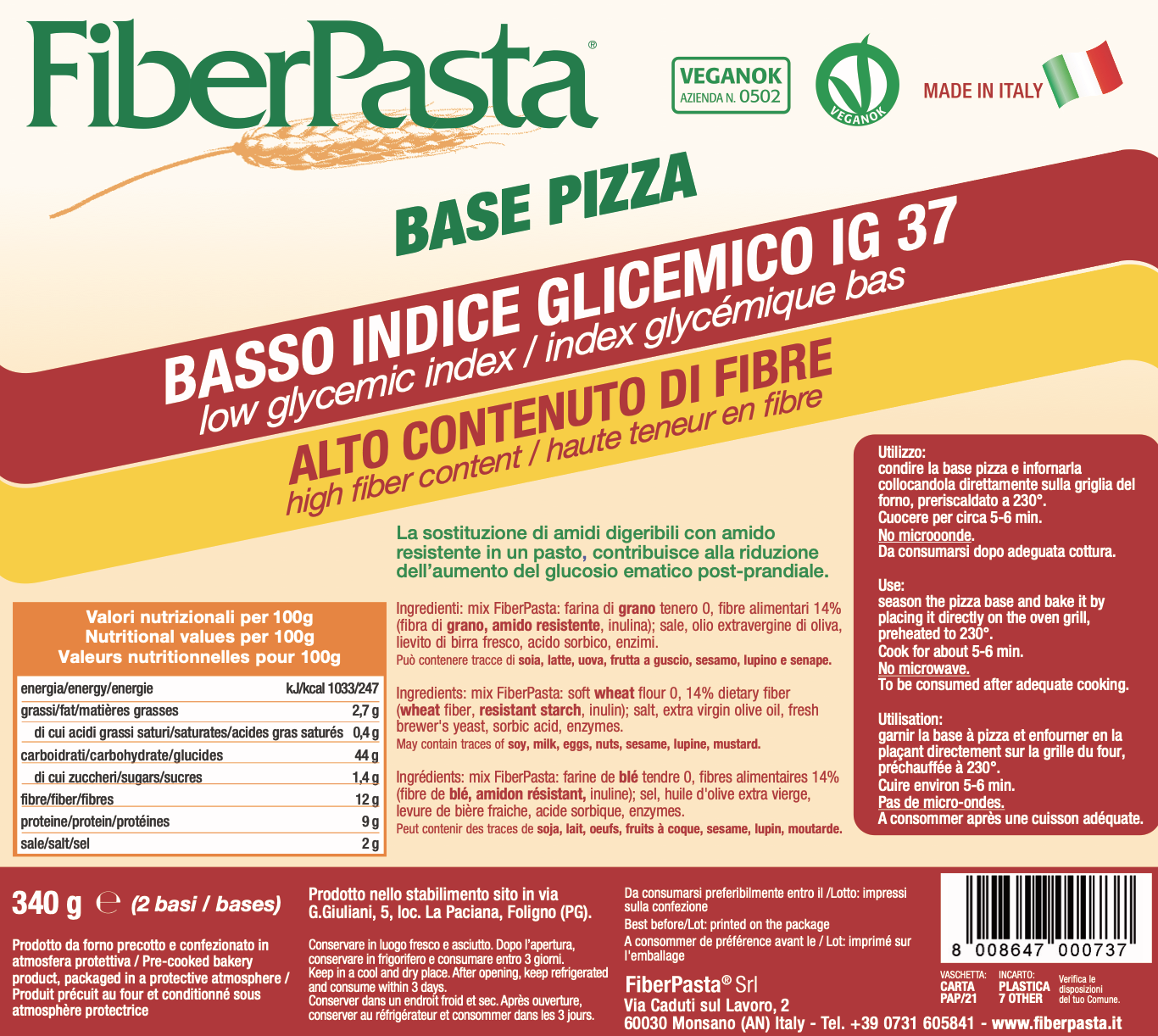 Bază pt. pizza cu indice glicemic mic - FIBER PASTA 340 gr (2 buc )