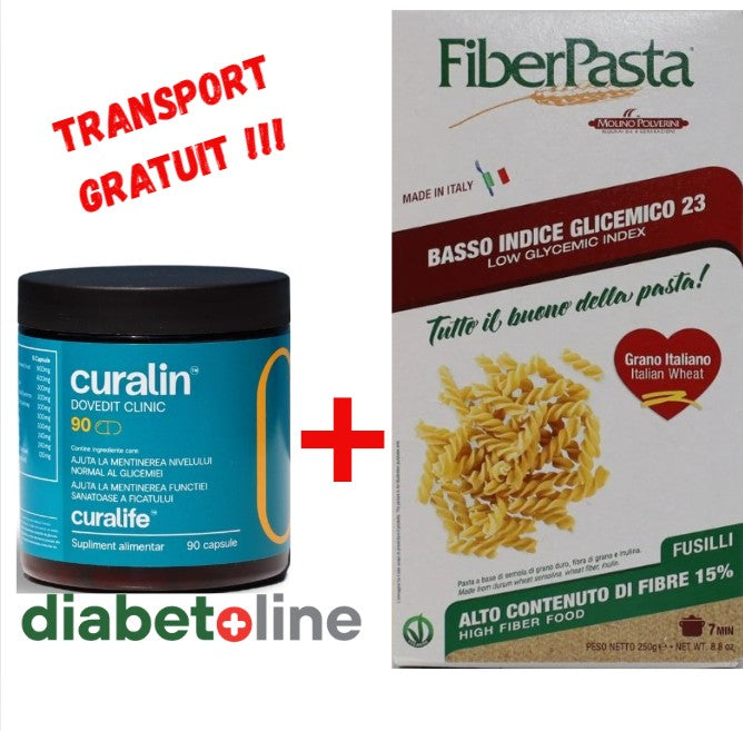 Curalin 90 capsule + PASTE PENTRU DIABETICI - FUSILLI - indice glicemic mic 23 - FIBER PASTA 250 gr- produs Italia