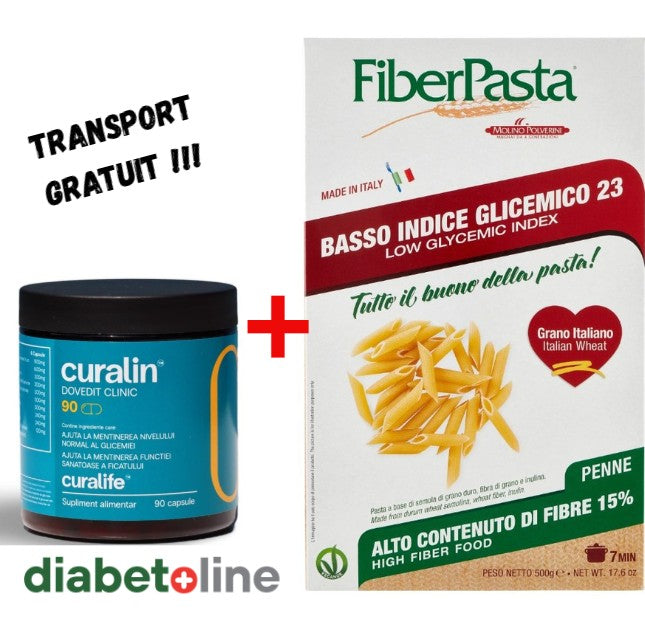 Curalin 90 capsule + PASTE PENTRU DIABETICI - PENNE- indice glicemic mic 23 - FIBER PASTA 250 gr- produs Italia