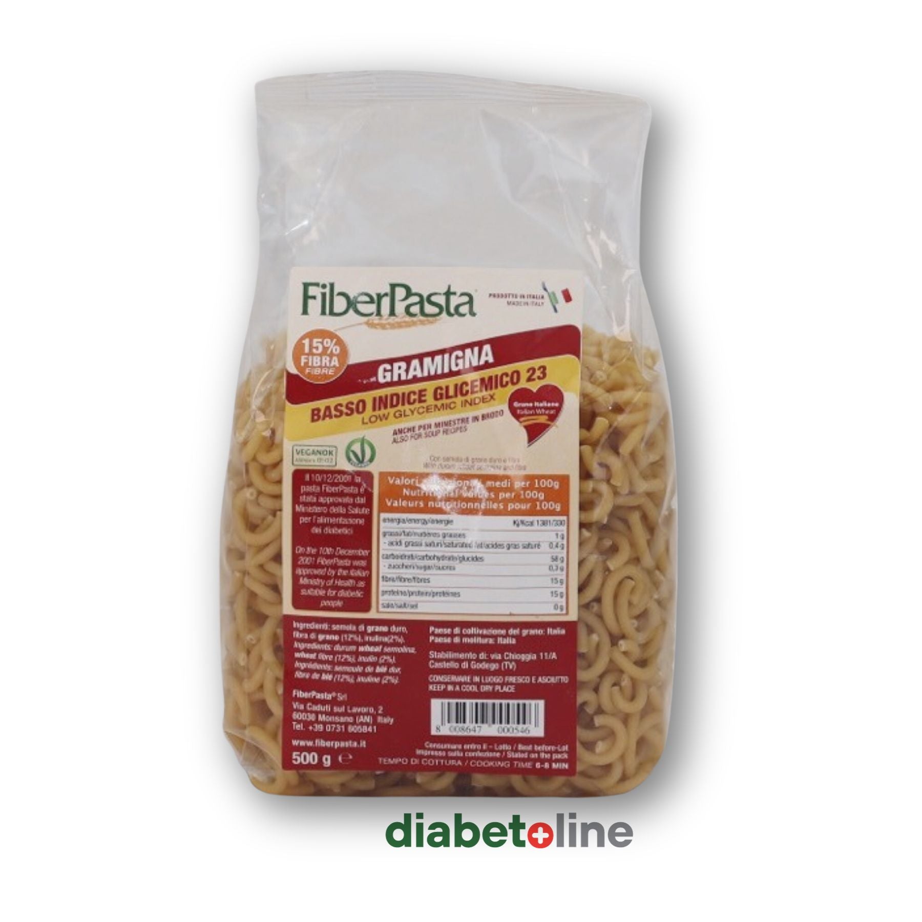 PASTE PENTRU DIABETICI - GRAMIGNA - indice glicemic mic 23 - FIBER PASTA 500 gr- produs Italia
