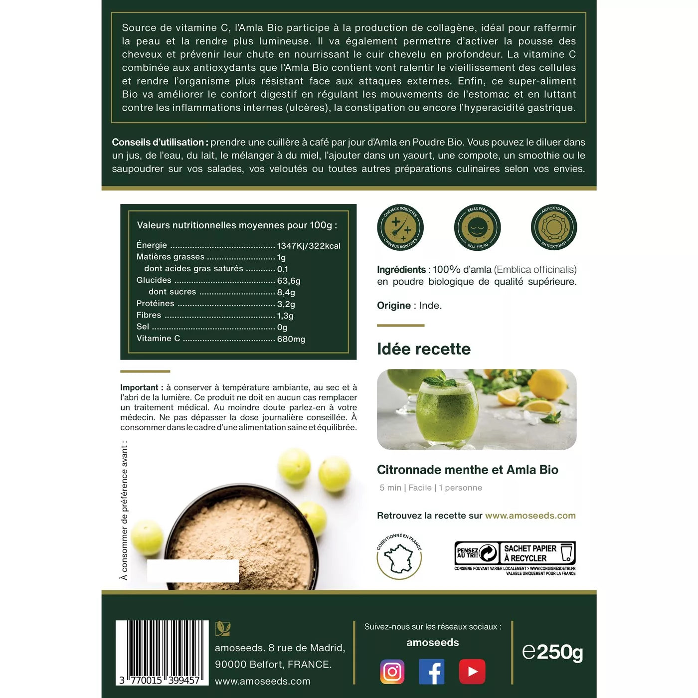 AMLA -PUDRĂ ORGANICĂ  AMOSEEDS 250 GR