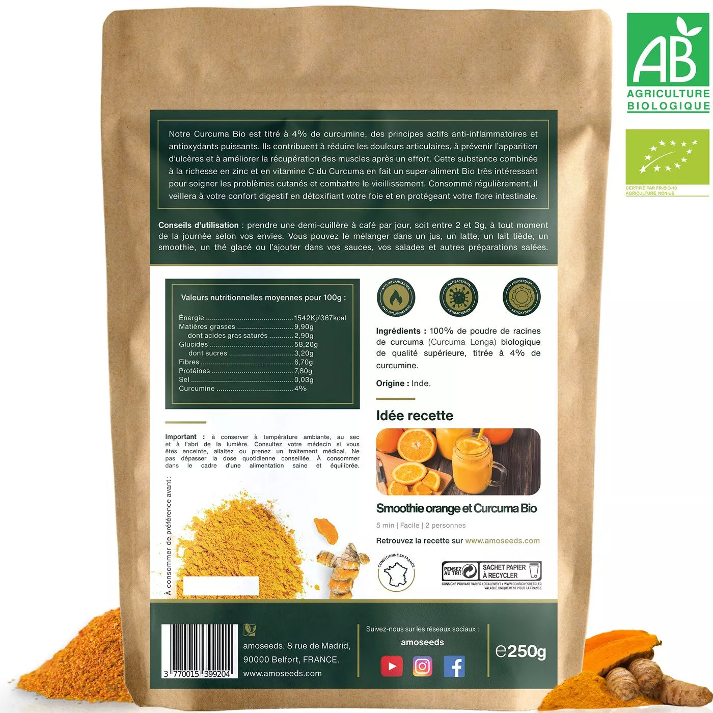 TURMERIC - Pudră organică - AMOSEEDS 250 gr