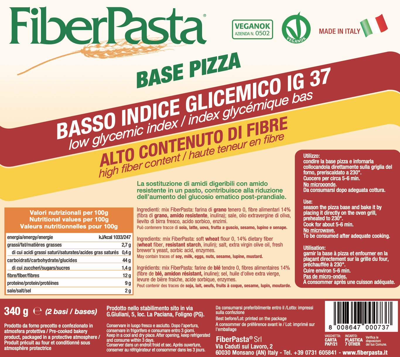 Bază pt. pizza cu indice glicemic mic - FIBER PASTA 340 gr  (2 buc )