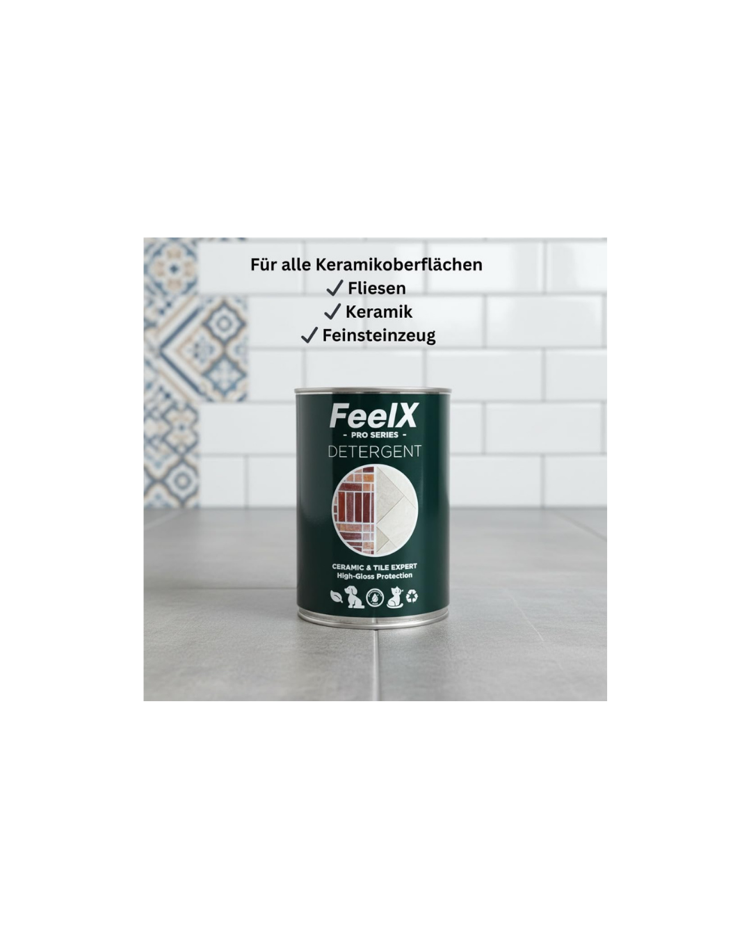Soluție de curățat ceramică și gresie FeelX Pro Series - Potrivită pentru animale de companie - Super concentrat 1:50 - Produce 50 L de soluție - Strălucire fără urme pentru gresie, faianță si ceramică - Sticlă metalică sustenabilă - 1L