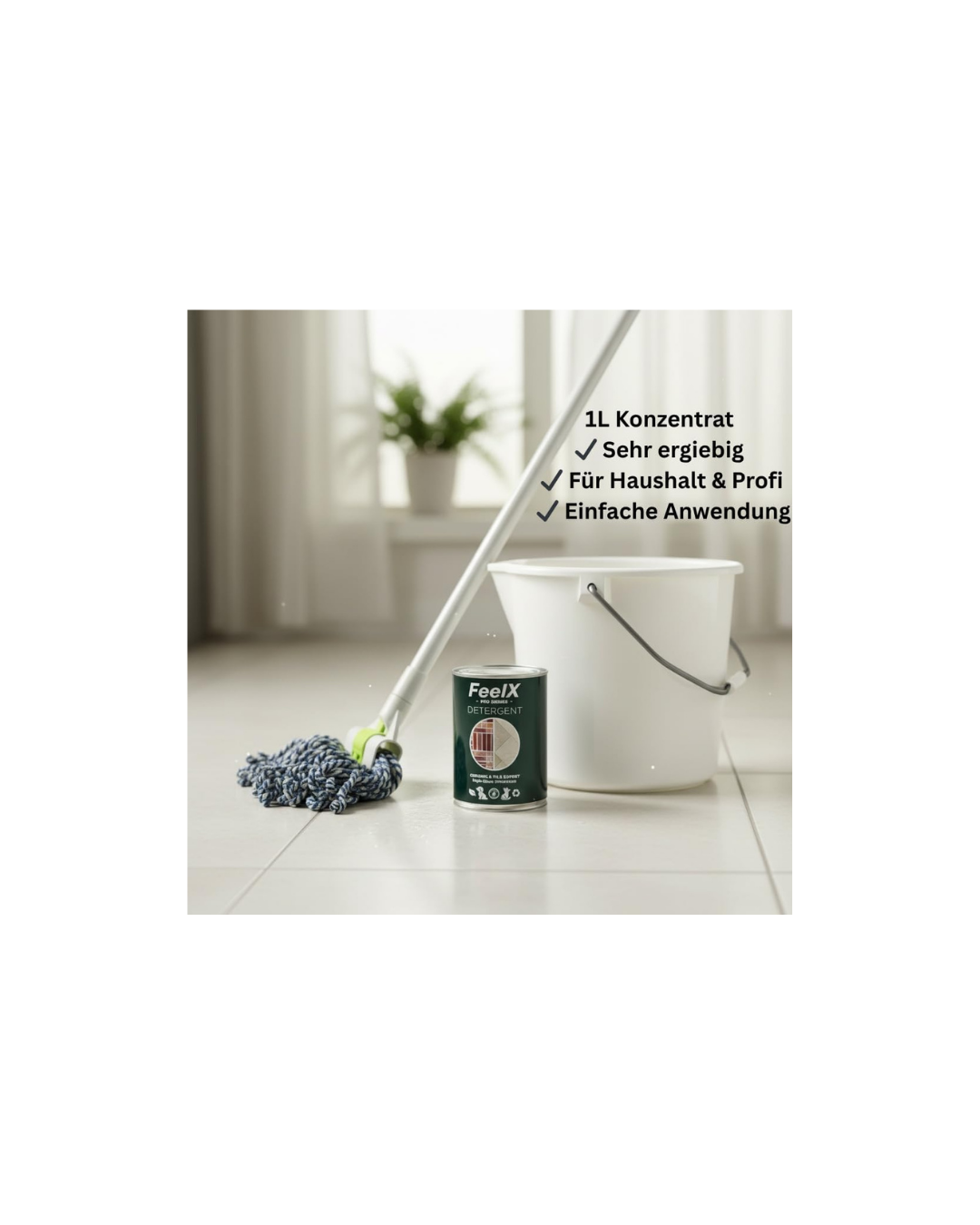 Soluție de curățat ceramică și gresie FeelX Pro Series - Potrivită pentru animale de companie - Super concentrat 1:50 - Produce 50 L de soluție - Strălucire fără urme pentru gresie, faianță si ceramică - Sticlă metalică sustenabilă - 1L