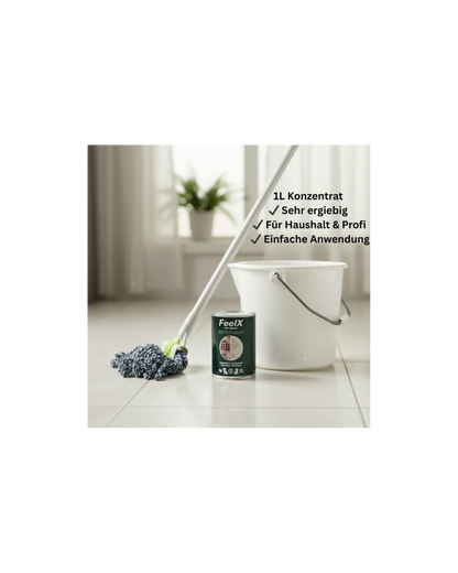 Soluție de curățat ceramică și gresie FeelX Pro Series - Potrivită pentru animale de companie - Super concentrat 1:50 - Produce 50 L de soluție - Strălucire fără urme pentru gresie, faianță si ceramică - Sticlă metalică sustenabilă - 1L