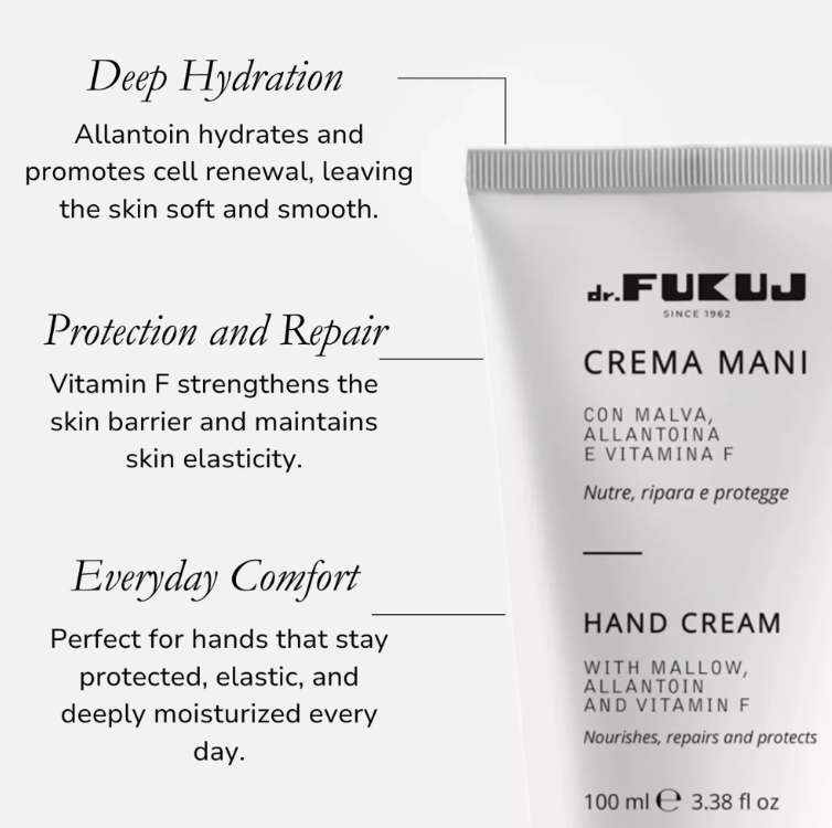 Dr.Fukuj - Cremă de mâini, Hrănește, Repară și Protejează - cu alantoină și vitamina F -produs Italia -100ml