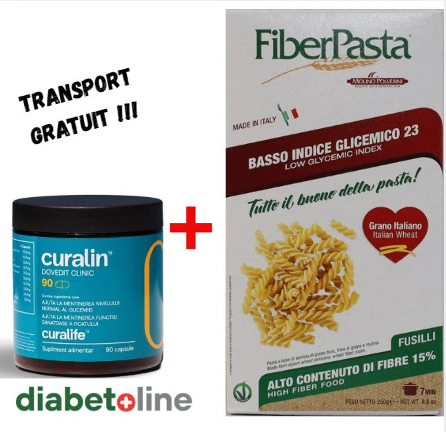 Curalin 90 capsule + PASTE PENTRU DIABETICI - FUSILLI - indice glicemic mic 23 - FIBER PASTA 250 gr- produs Italia