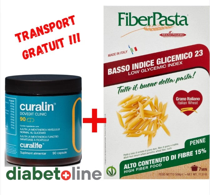 Curalin 90 capsule + PASTE PENTRU DIABETICI - PENNE- indice glicemic mic 23 - FIBER PASTA 250 gr- produs Italia