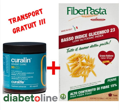 Curalin 90 capsule + PASTE PENTRU DIABETICI - PENNE- indice glicemic mic 23 - FIBER PASTA 250 gr- produs Italia